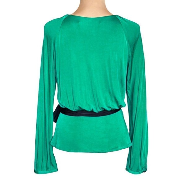 Diane von Furstenberg  Wrap Top Sz.M Green Sash Black Belt Bow Long Sleeve - Picture 7 of 16